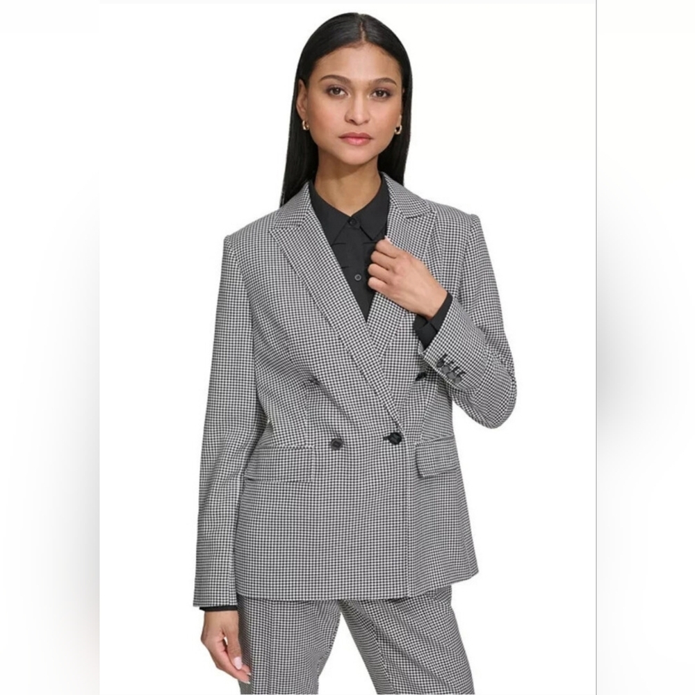 Karl Lagerfeld Women's Black and White Houndstooth Double Breasted Blazer